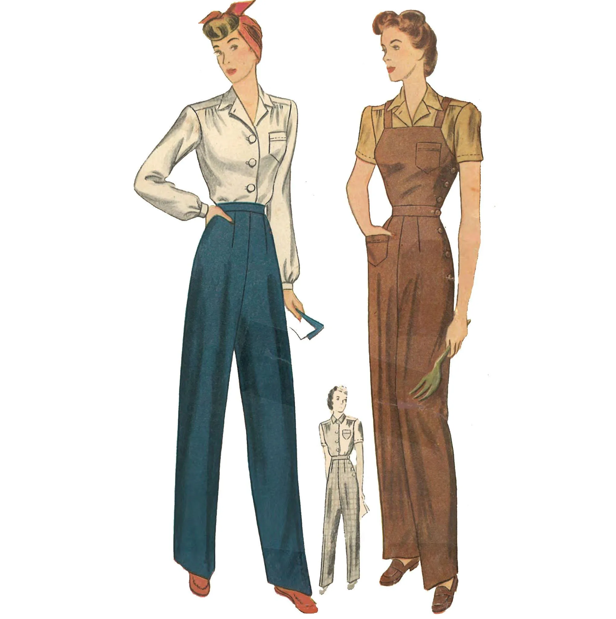 1940s Land-Girl - Slacks, Blouse & Overalls - "Rosie The Riveter" - Bust 30" (76cm)