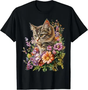Cat Flower Floral Cute Kitten Graphic T-Shirt