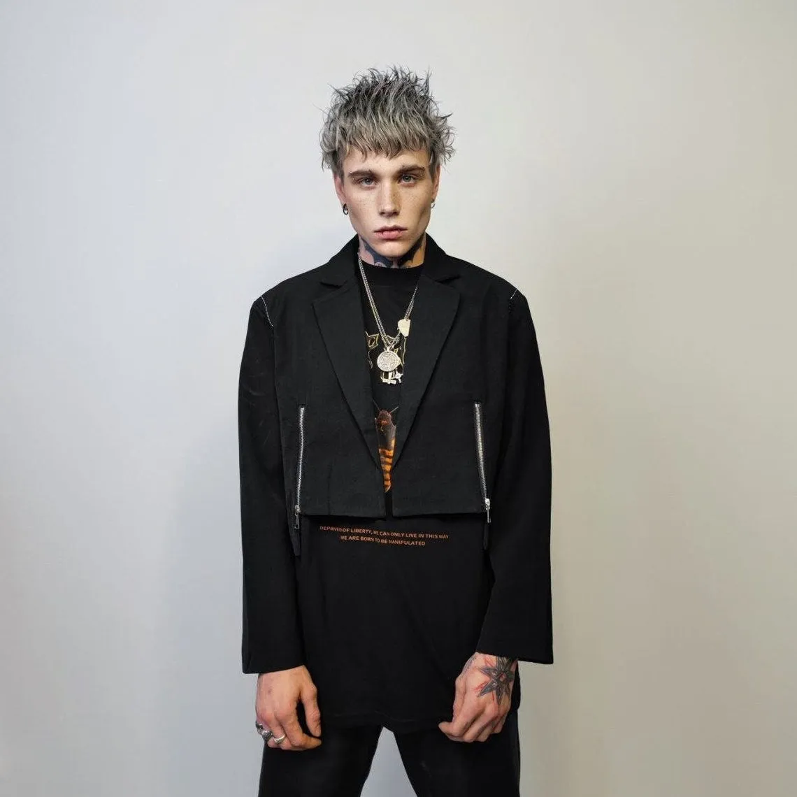 Cropped grunge blazer rocker jacket short utility bomber double zipper gorpcore coat high fashion smart jacket unusual padded varsity black