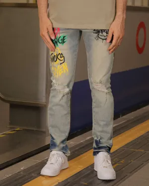 Distressed Blue Jeans with Graffiti - Streetwear Style
