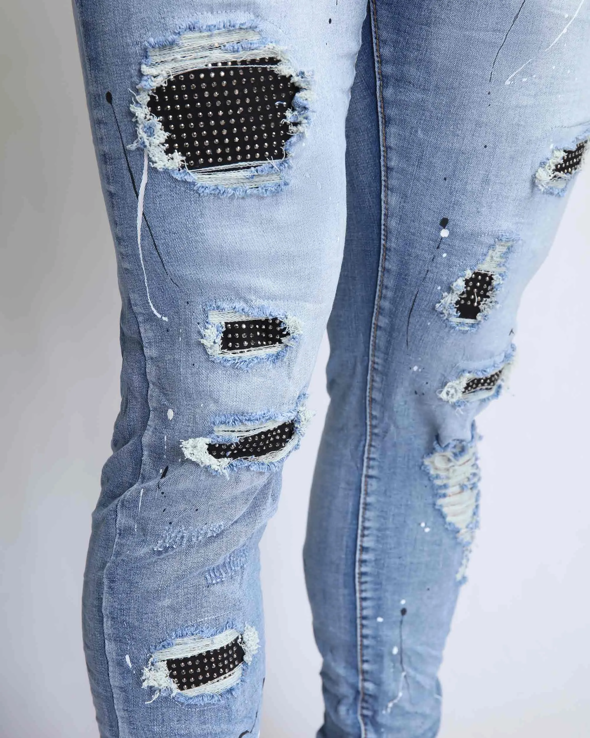 Durable Ripped Blue Jeans with Dimond Patch-Mexico Local Delivery