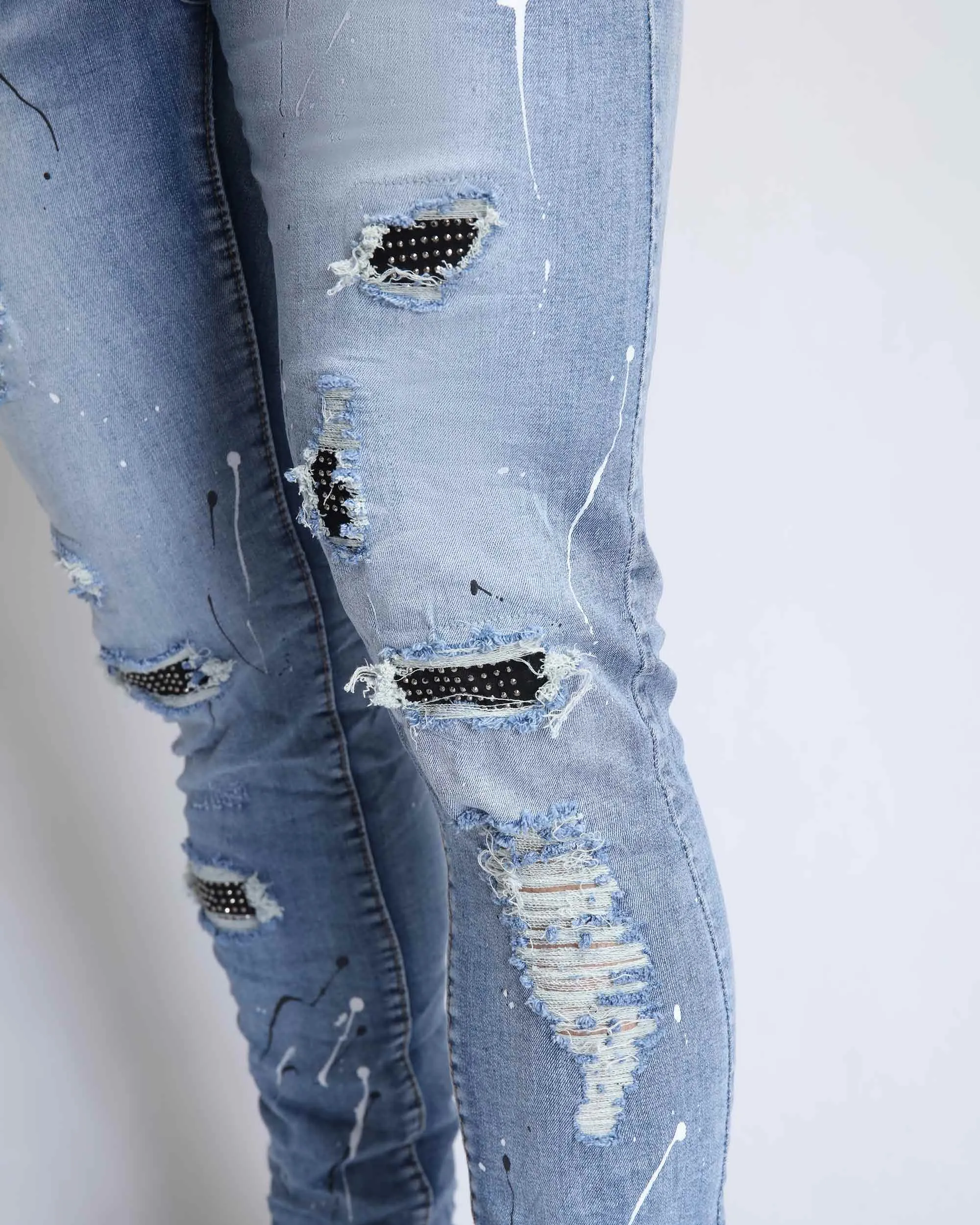 Durable Ripped Blue Jeans with Dimond Patch-Mexico Local Delivery