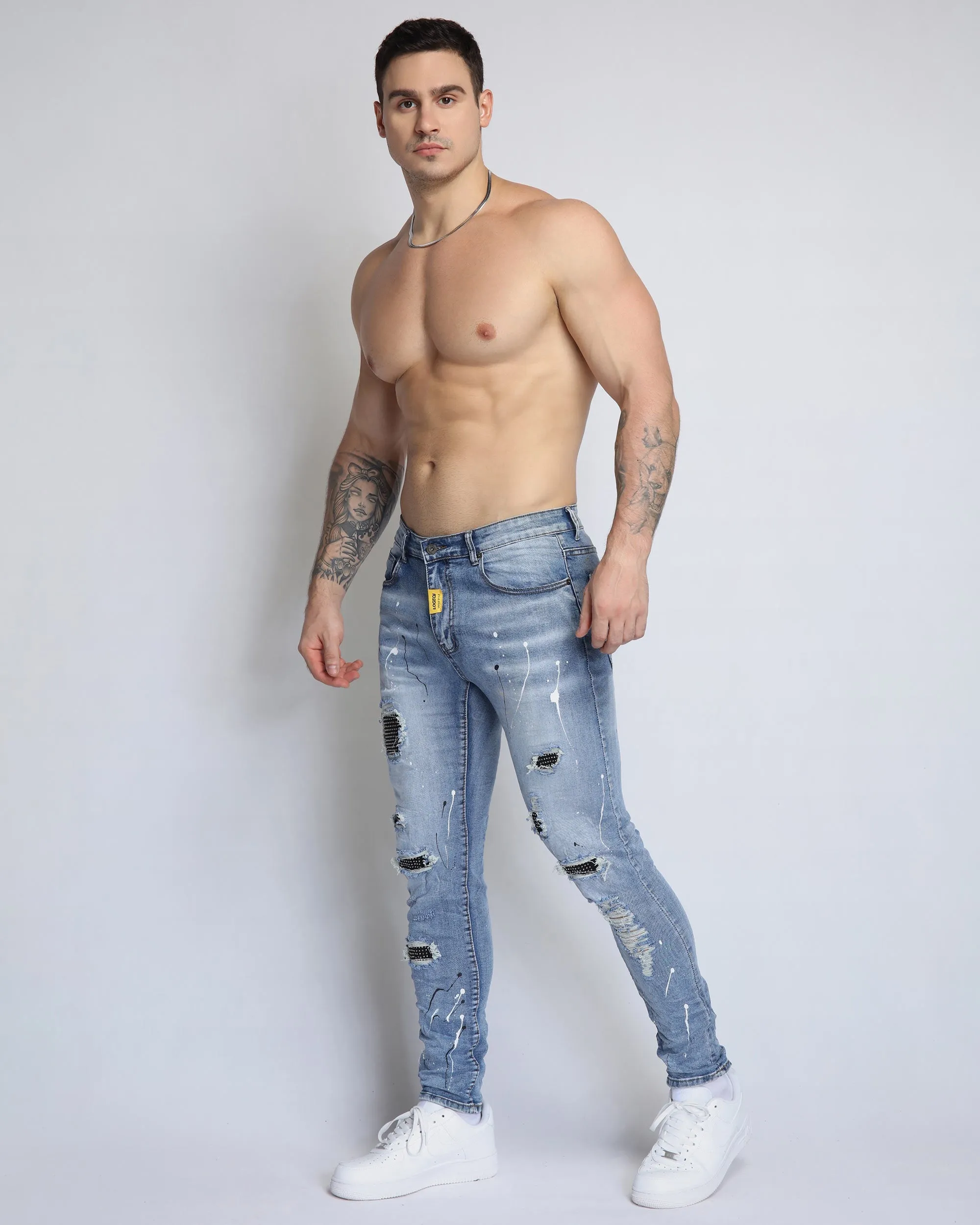 Durable Ripped Blue Jeans with Dimond Patch-Mexico Local Delivery