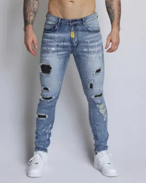 Durable Ripped Blue Jeans with Dimond Patch-Mexico Local Delivery