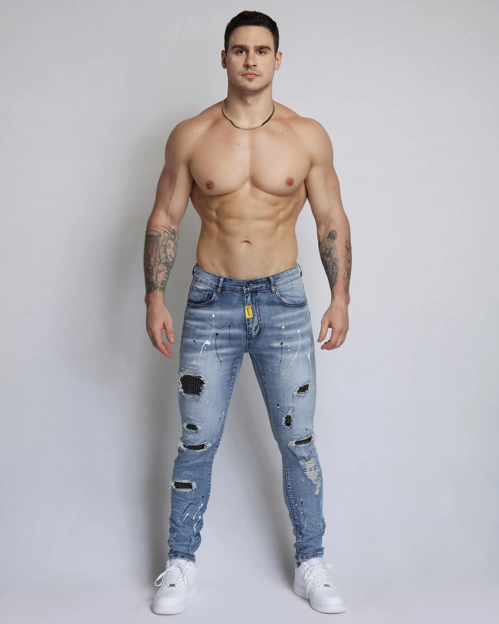Durable Ripped Blue Jeans with Dimond Patch-Mexico Local Delivery