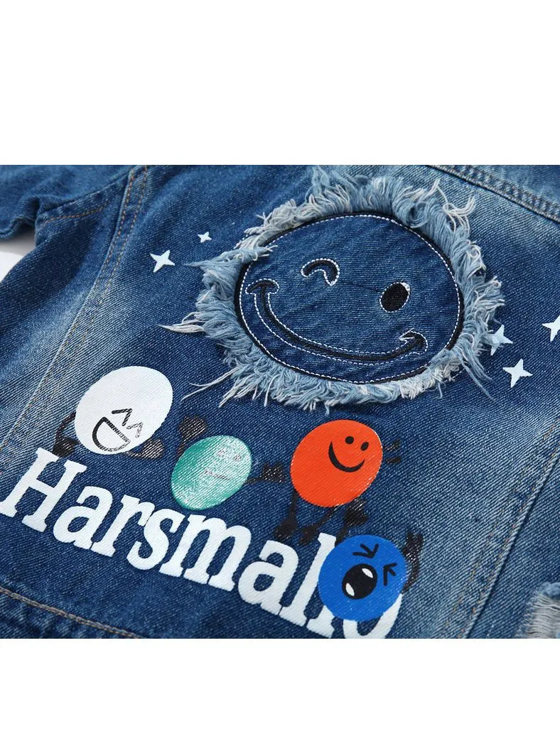 Fashion Coat Big Smile Pattern Denim Jacket Kids Big Boys Jeans Jacket