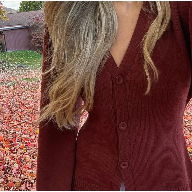 Fashionista Wide Sleeves red knitted buttoned cardigan