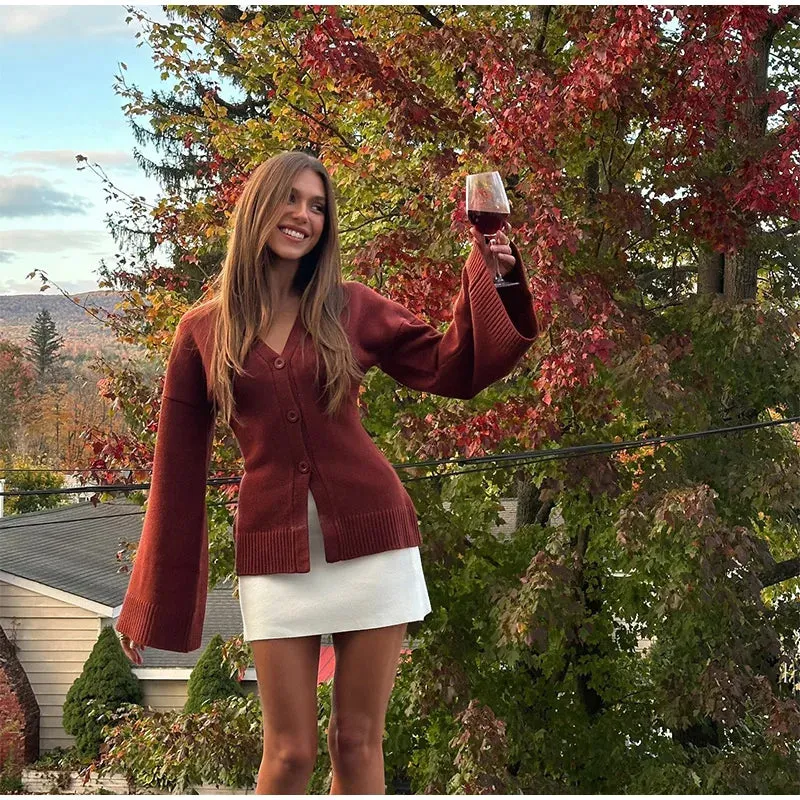 Fashionista Wide Sleeves red knitted buttoned cardigan