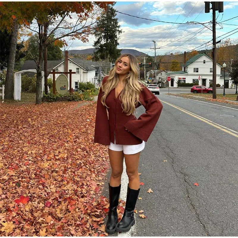 Fashionista Wide Sleeves red knitted buttoned cardigan