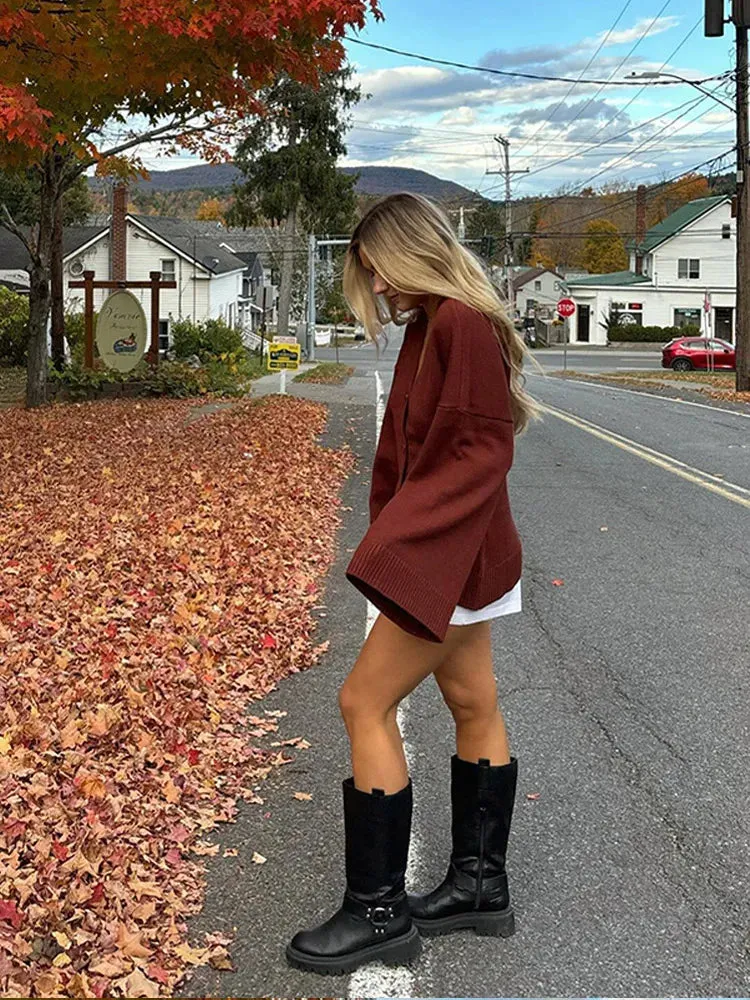 Fashionista Wide Sleeves red knitted buttoned cardigan