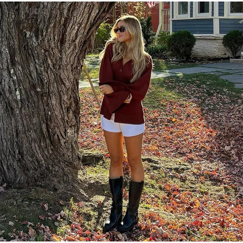 Fashionista Wide Sleeves red knitted buttoned cardigan