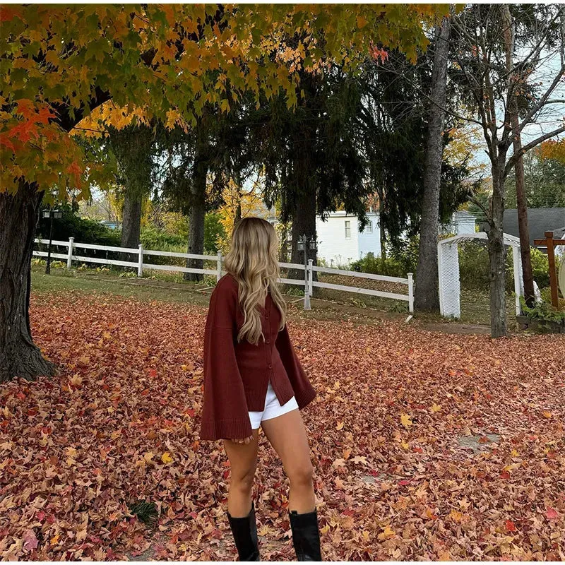 Fashionista Wide Sleeves red knitted buttoned cardigan