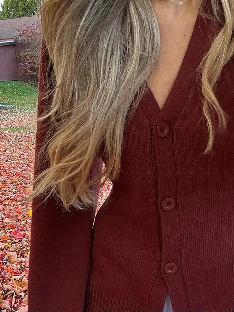 Fashionista Wide Sleeves red knitted buttoned cardigan