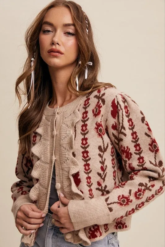 Gabby Long Sleeve Button Down Floral Print Knit Cardigan Taupe