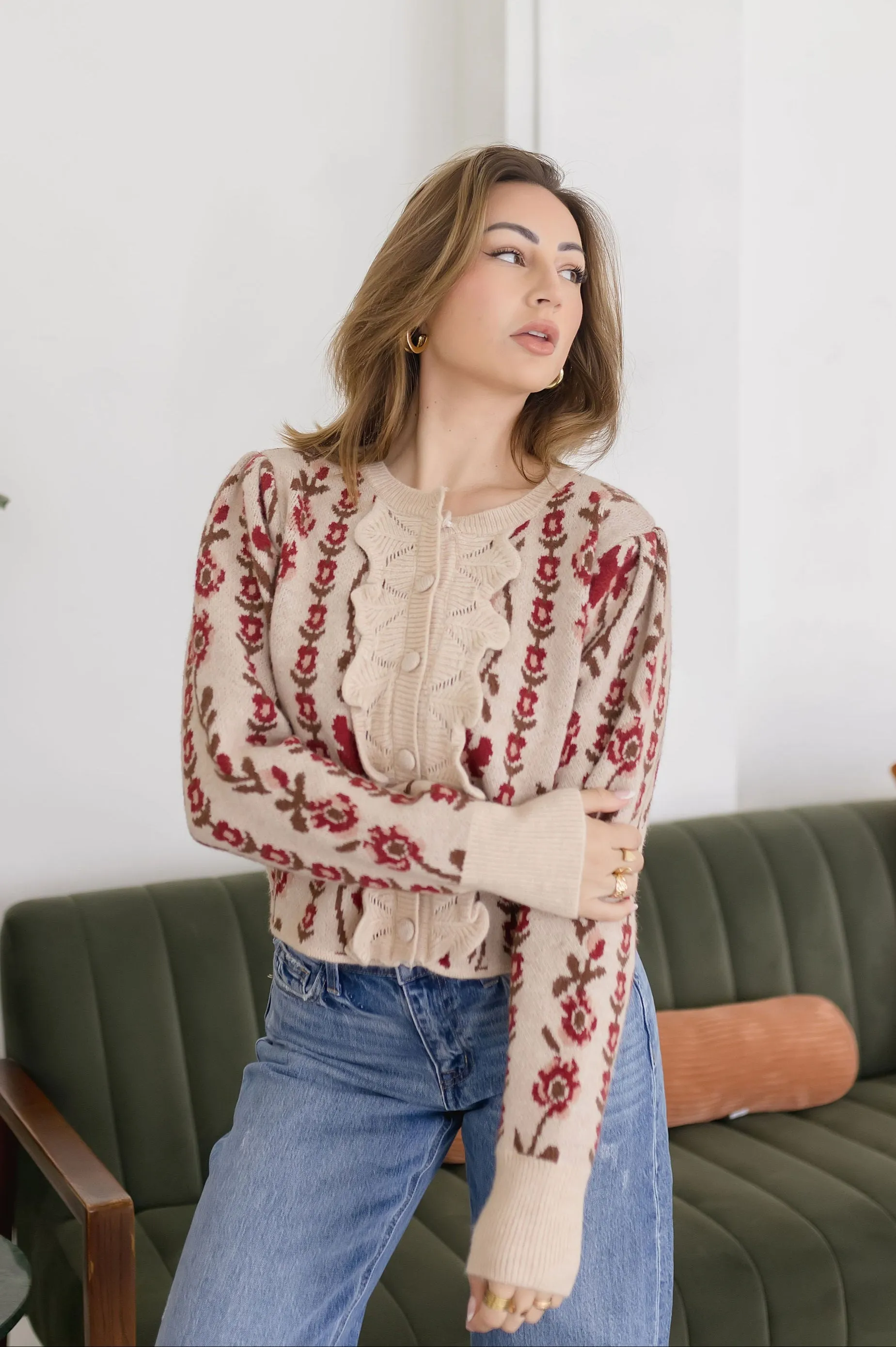 Gabby Long Sleeve Button Down Floral Print Knit Cardigan Taupe