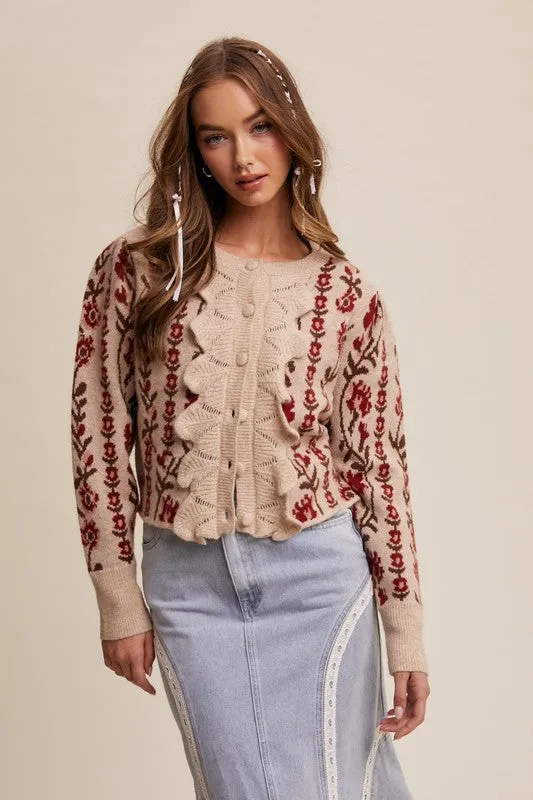 Gabby Long Sleeve Button Down Floral Print Knit Cardigan Taupe