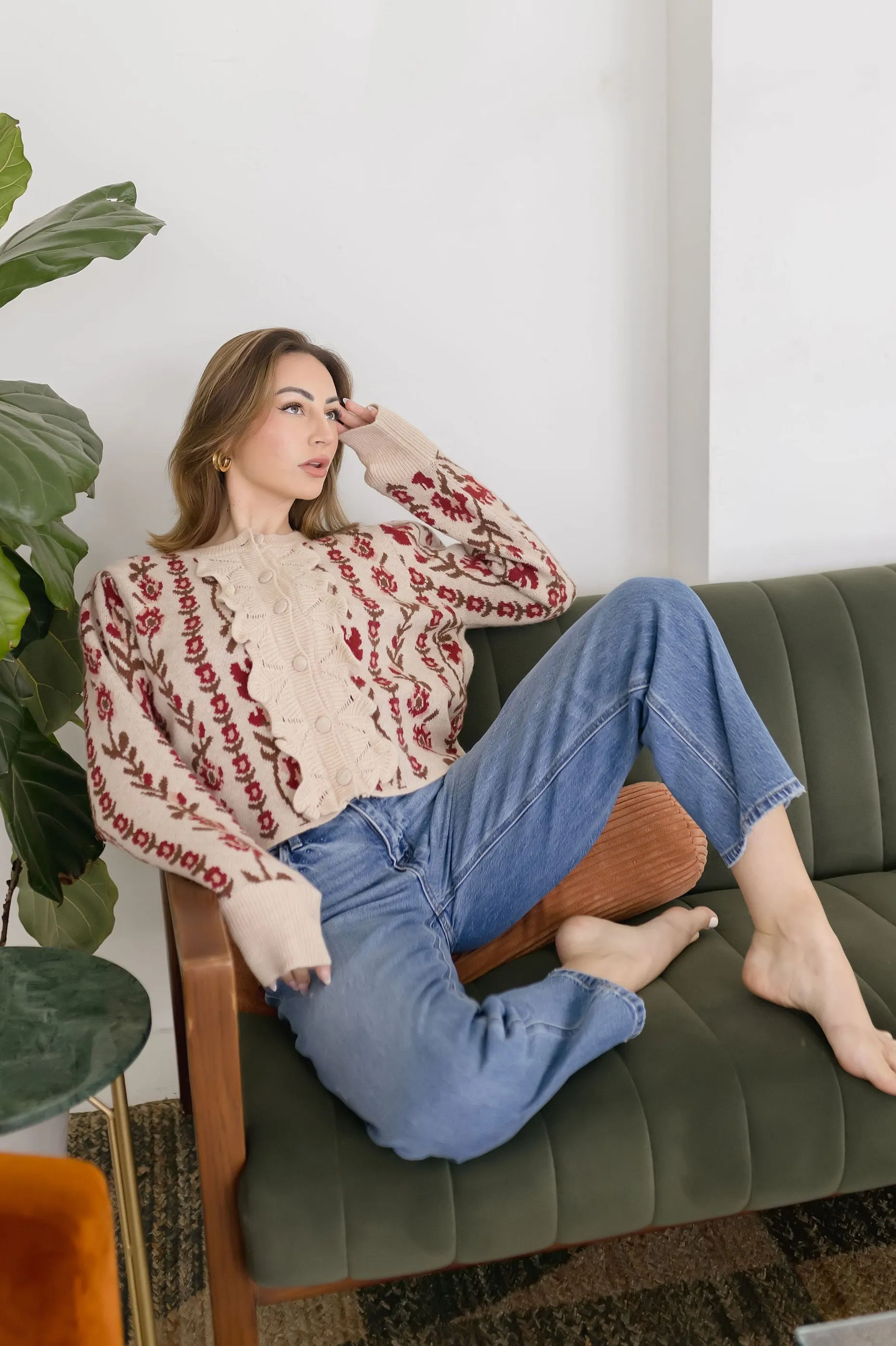 Gabby Long Sleeve Button Down Floral Print Knit Cardigan Taupe