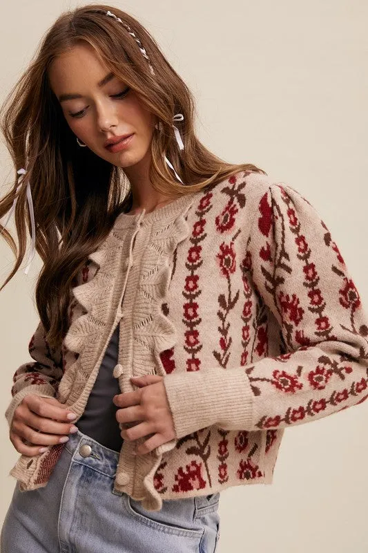 Gabby Long Sleeve Button Down Floral Print Knit Cardigan Taupe