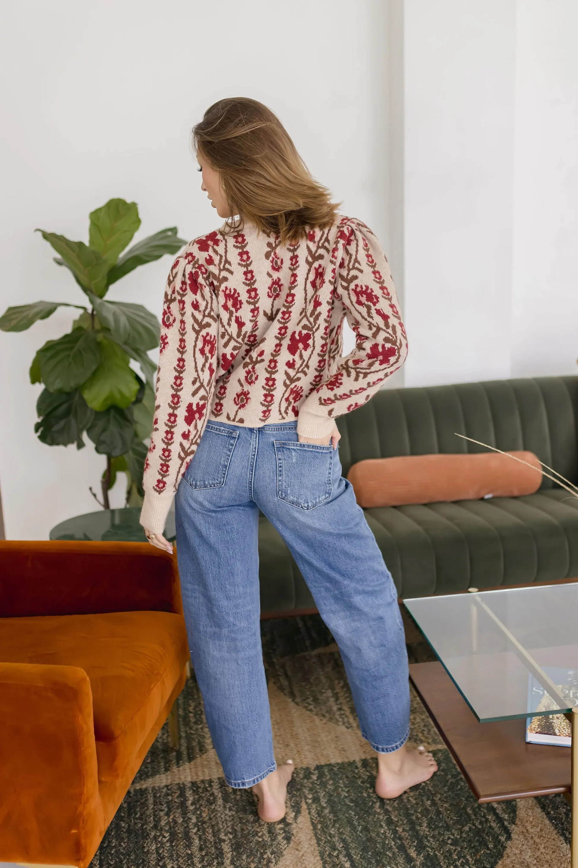 Gabby Long Sleeve Button Down Floral Print Knit Cardigan Taupe