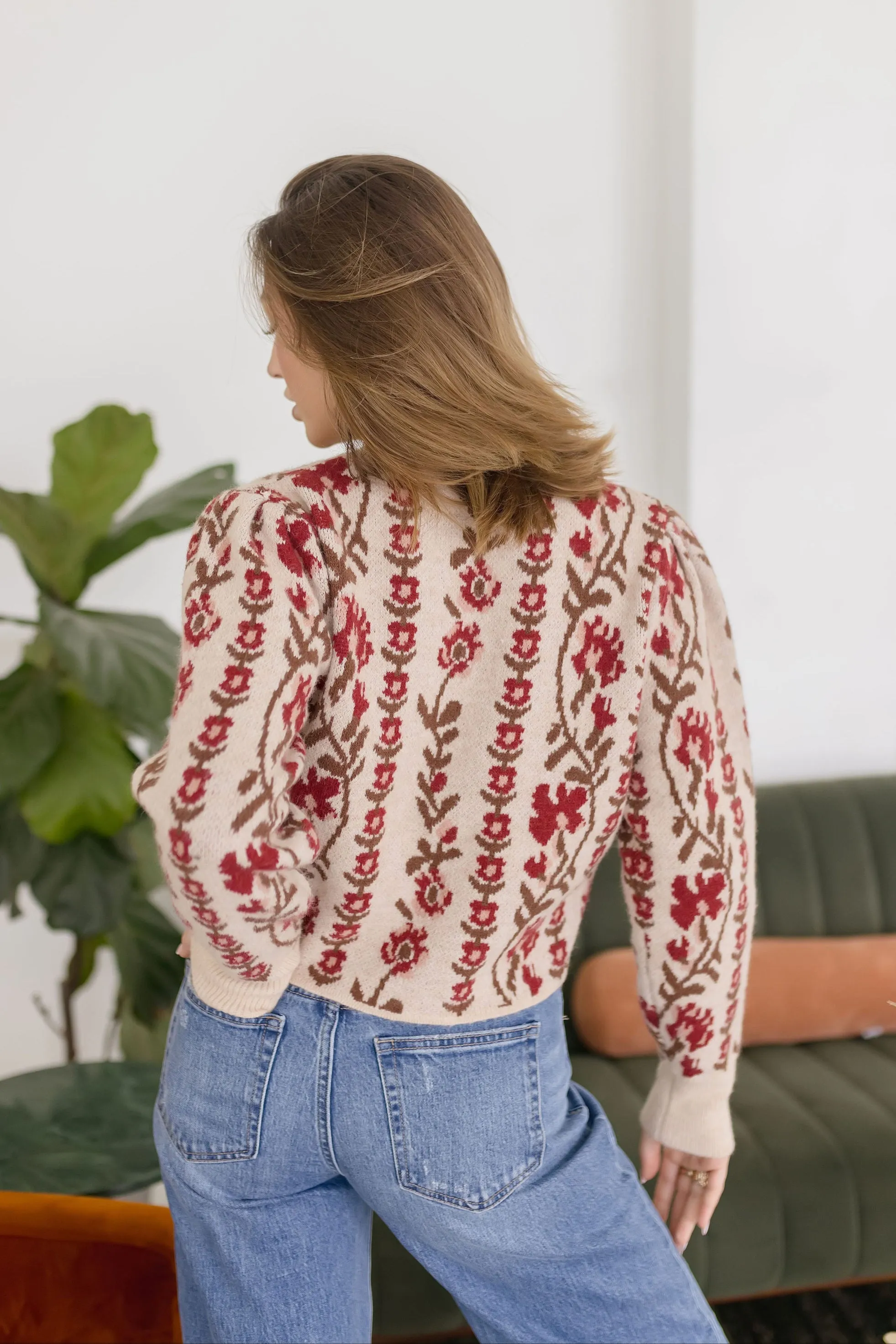 Gabby Long Sleeve Button Down Floral Print Knit Cardigan Taupe