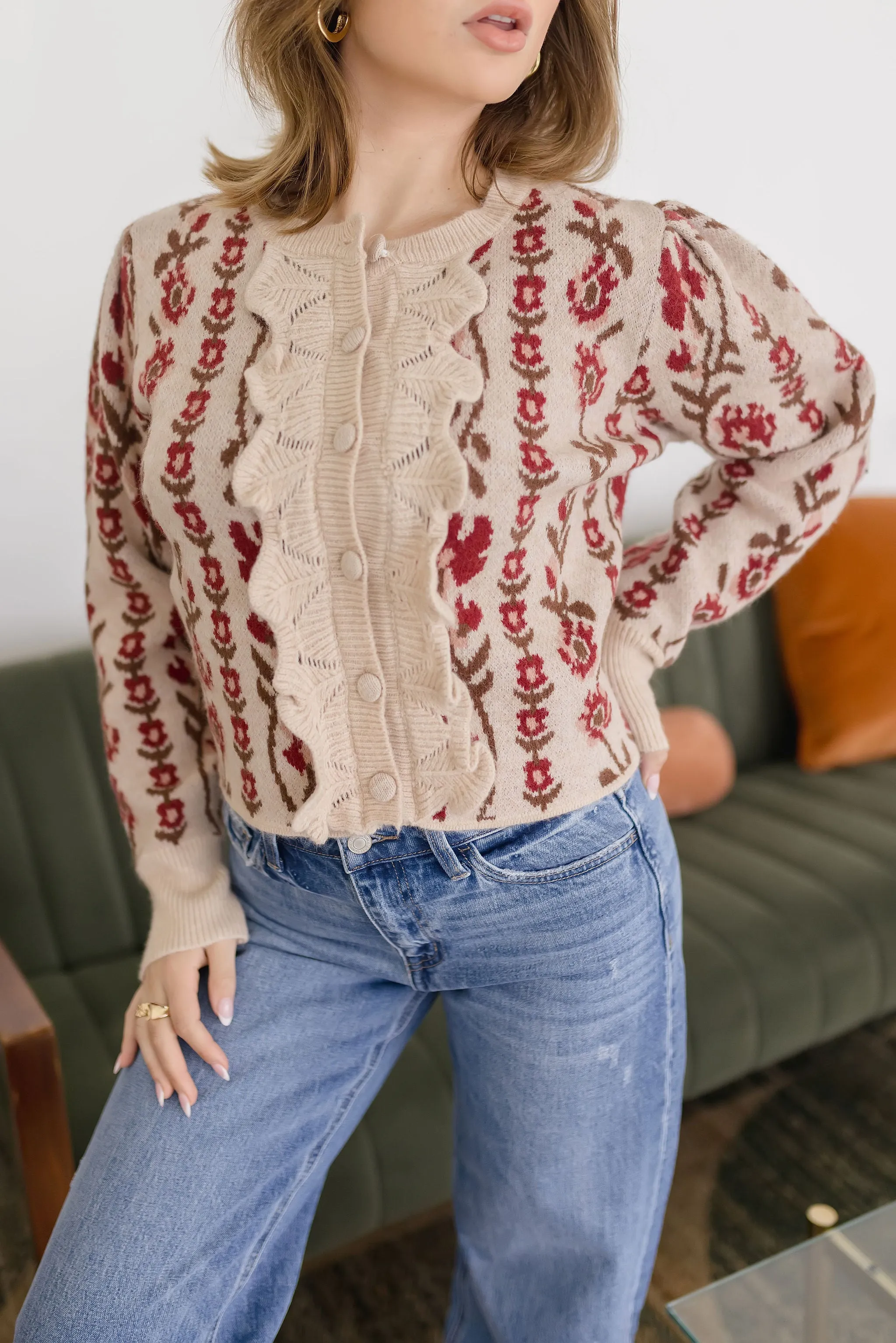 Gabby Long Sleeve Button Down Floral Print Knit Cardigan Taupe