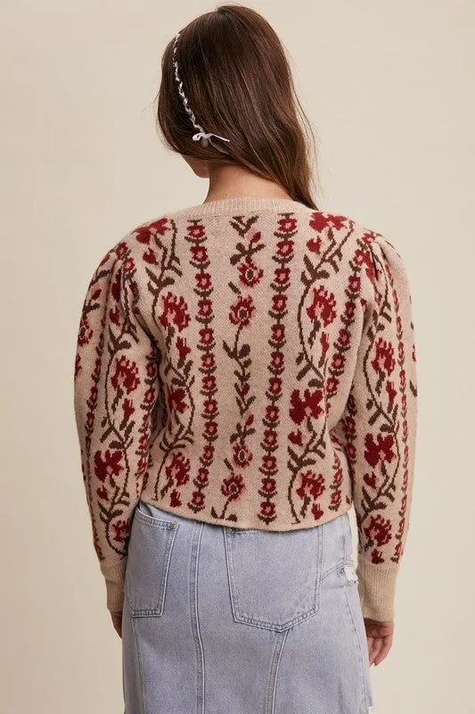 Gabby Long Sleeve Button Down Floral Print Knit Cardigan Taupe