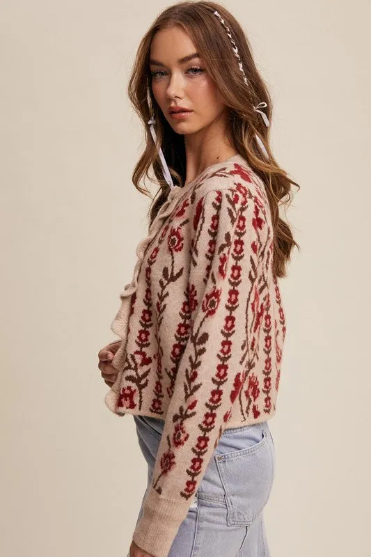 Gabby Long Sleeve Button Down Floral Print Knit Cardigan Taupe