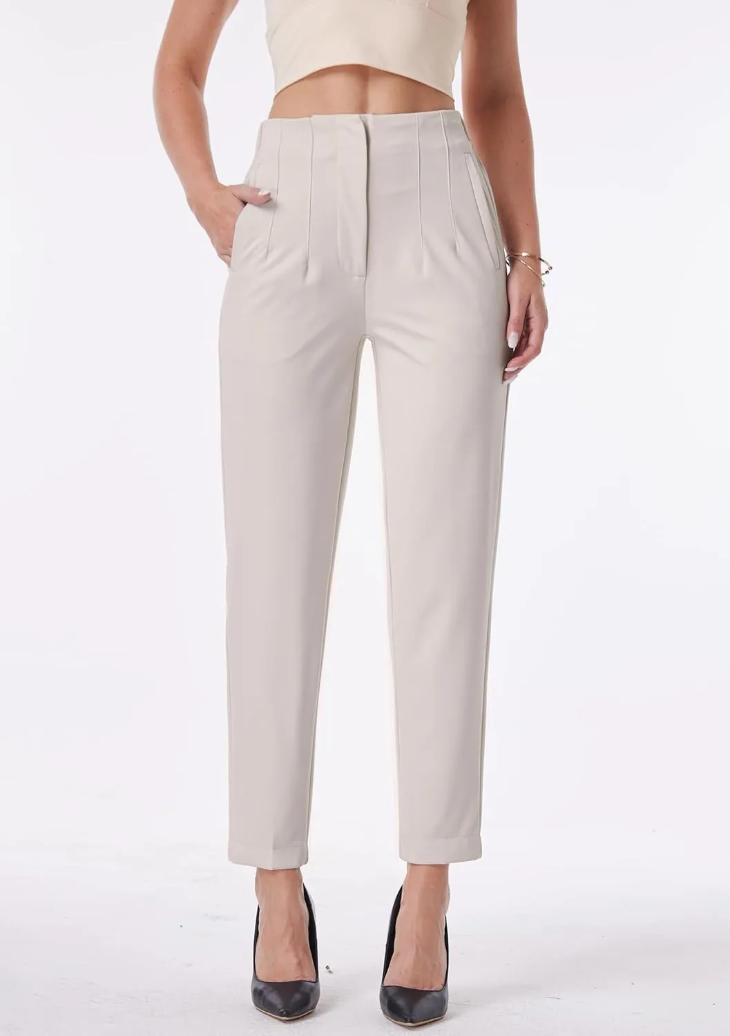 heipeiwa Women's High Waisted Work Business Trousers Pleated Office Slacks Pants Crop Dress Pant
