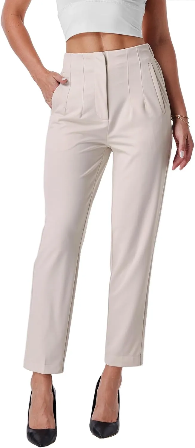 heipeiwa Women's High Waisted Work Business Trousers Pleated Office Slacks Pants Crop Dress Pant
