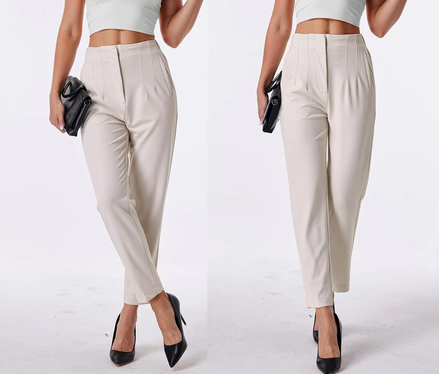 heipeiwa Women's High Waisted Work Business Trousers Pleated Office Slacks Pants Crop Dress Pant