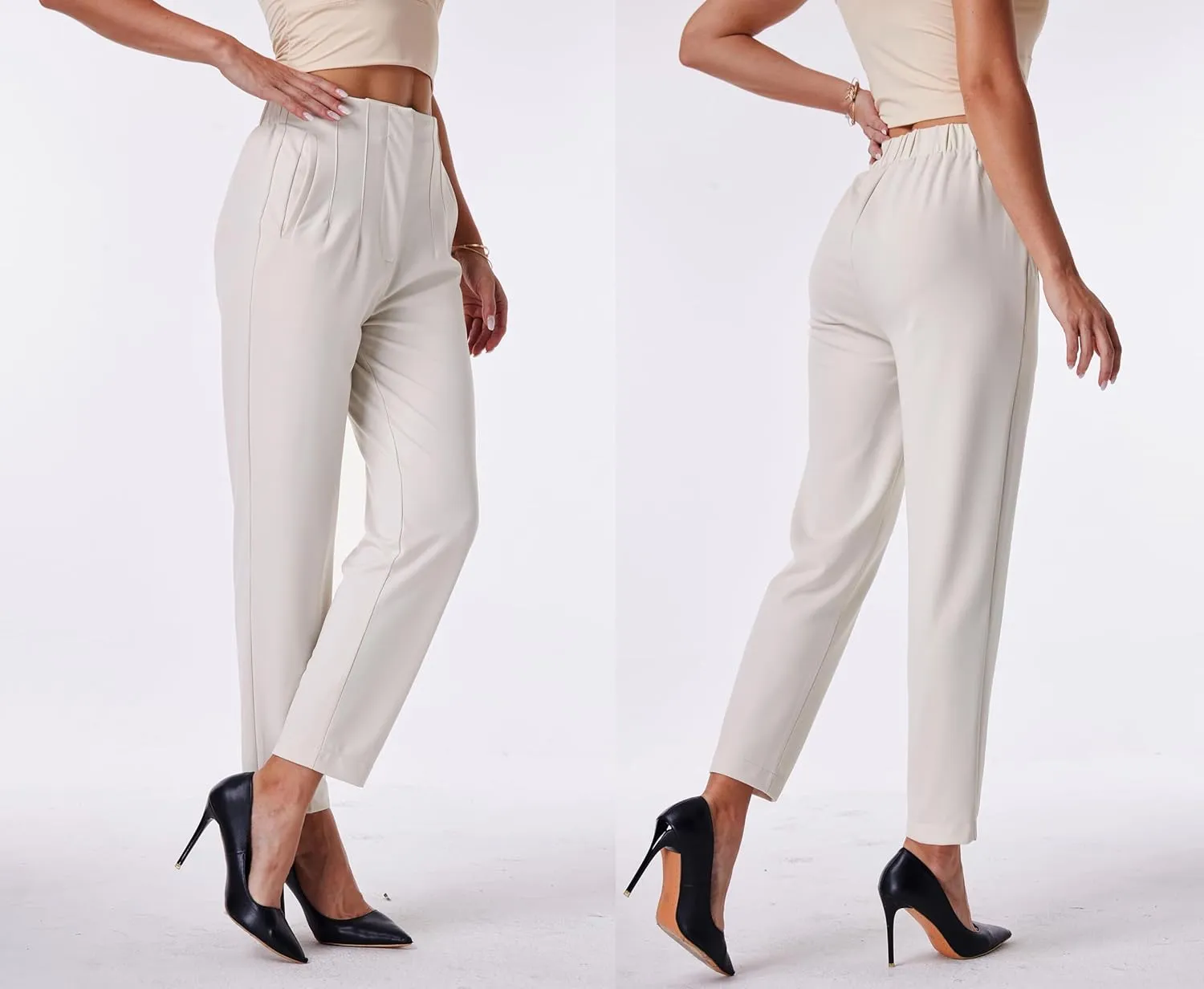 heipeiwa Women's High Waisted Work Business Trousers Pleated Office Slacks Pants Crop Dress Pant