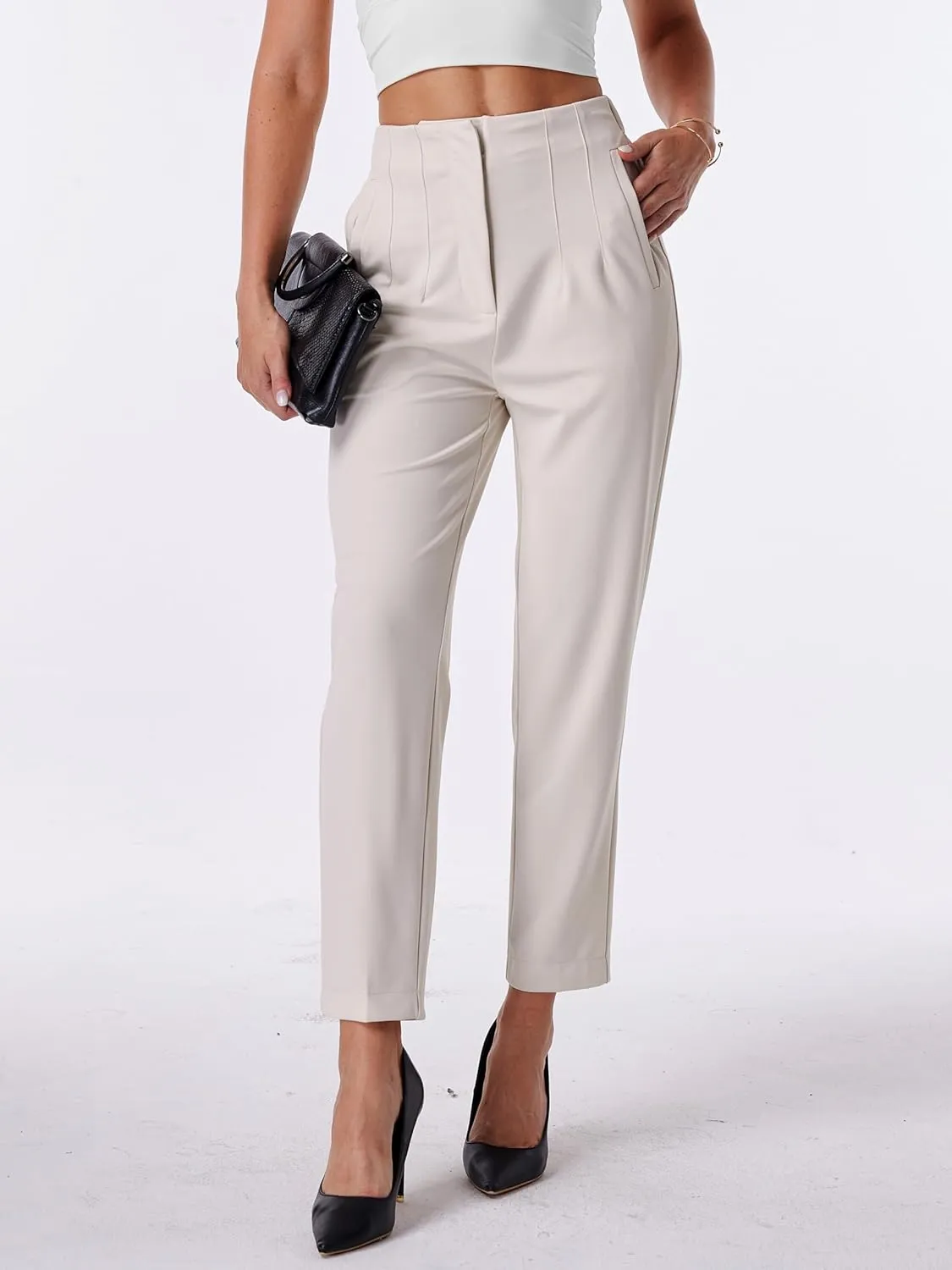 heipeiwa Women's High Waisted Work Business Trousers Pleated Office Slacks Pants Crop Dress Pant