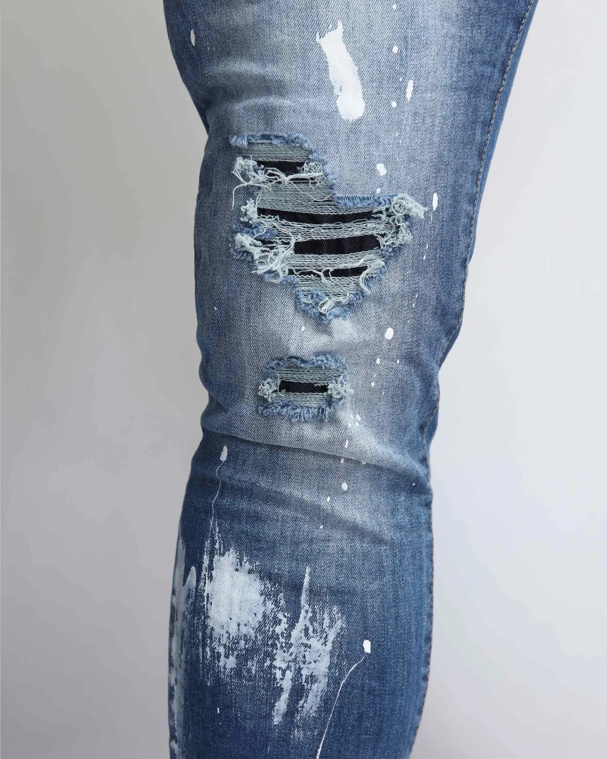 Irregular Paint Blue Ripped Jeans in Medium Wash-Mexico Local Delivery