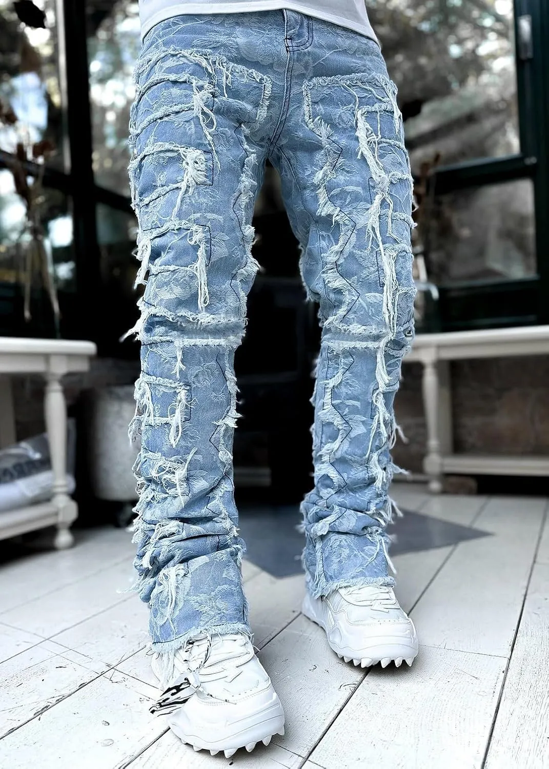 KELYWELL Y2K Patchwork Stacked Jeans for Men Stretch Fit Skinny Stacked Ripped Destroyed Jeans Slim Fit Patch Denim Pant