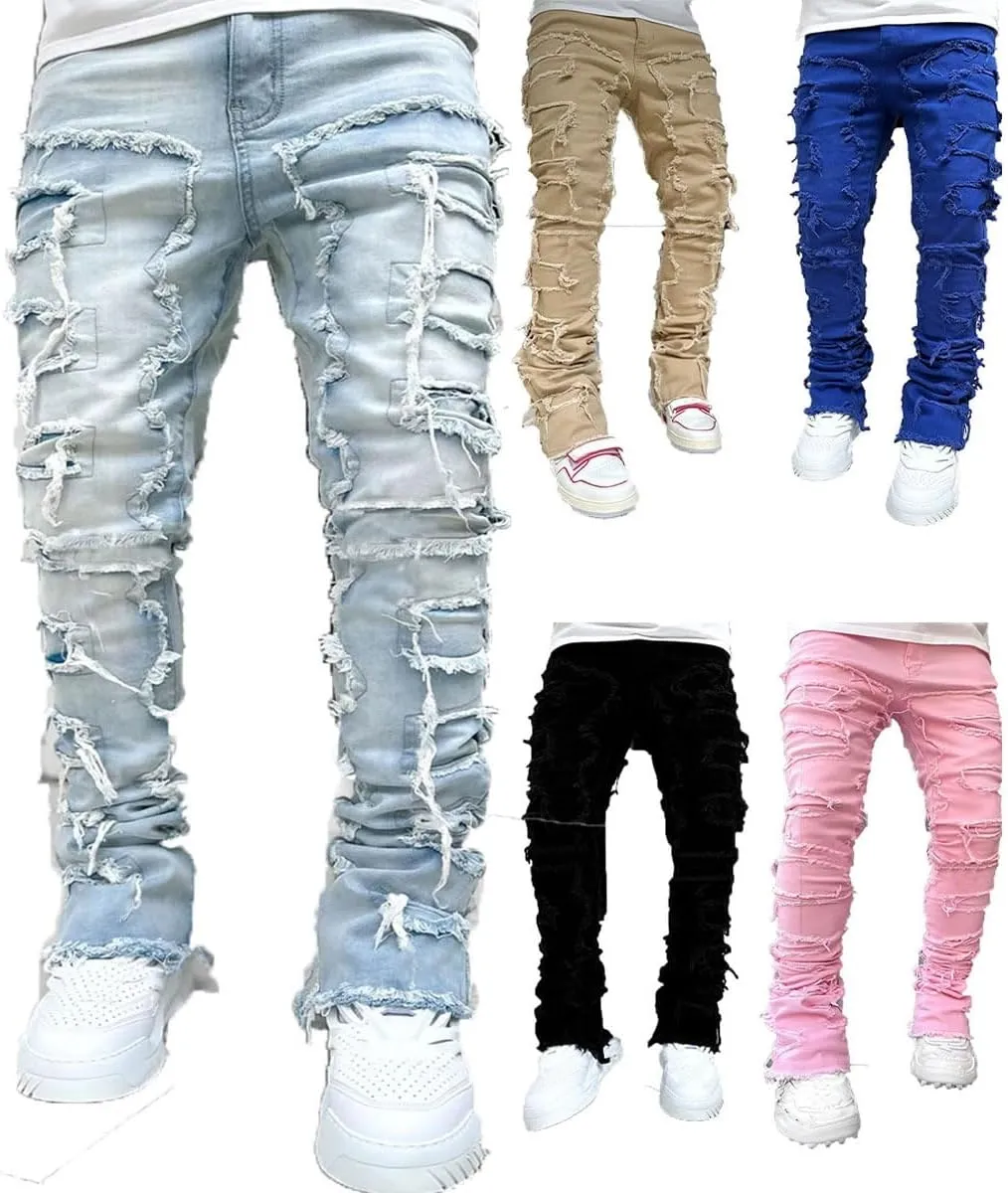 KELYWELL Y2K Patchwork Stacked Jeans for Men Stretch Fit Skinny Stacked Ripped Destroyed Jeans Slim Fit Patch Denim Pant