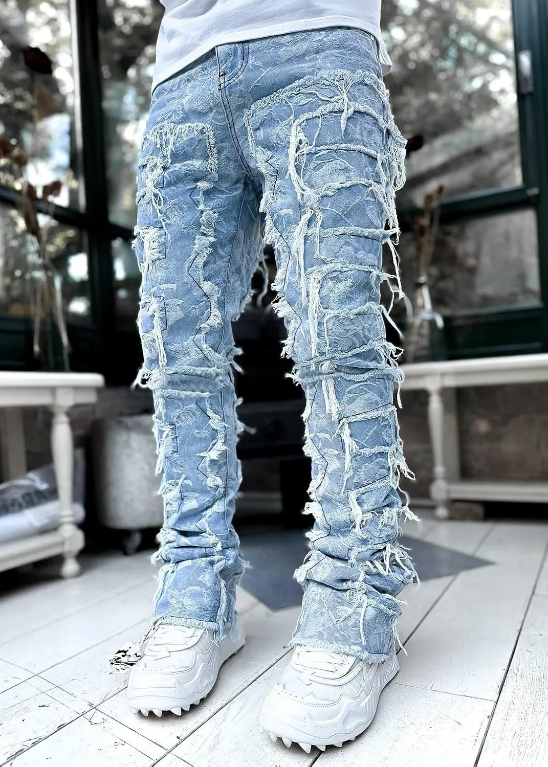 KELYWELL Y2K Patchwork Stacked Jeans for Men Stretch Fit Skinny Stacked Ripped Destroyed Jeans Slim Fit Patch Denim Pant