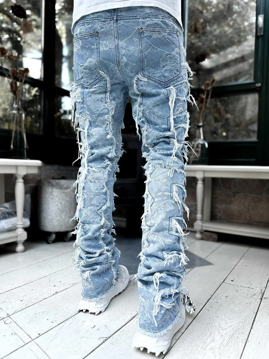 KELYWELL Y2K Patchwork Stacked Jeans for Men Stretch Fit Skinny Stacked Ripped Destroyed Jeans Slim Fit Patch Denim Pant