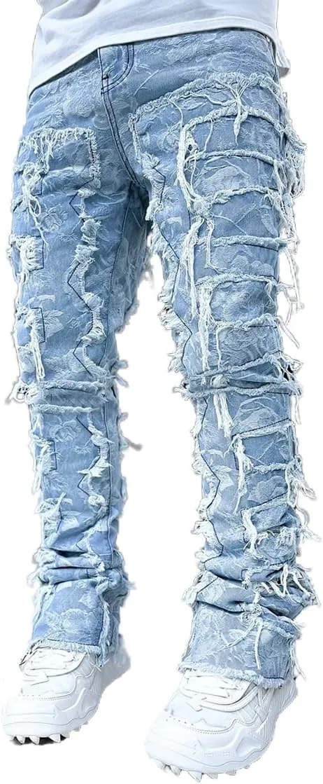 KELYWELL Y2K Patchwork Stacked Jeans for Men Stretch Fit Skinny Stacked Ripped Destroyed Jeans Slim Fit Patch Denim Pant
