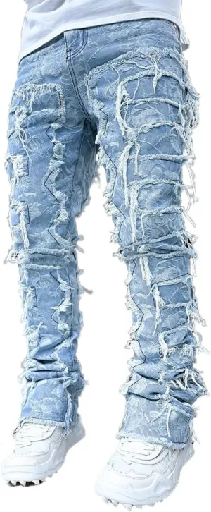 KELYWELL Y2K Patchwork Stacked Jeans for Men Stretch Fit Skinny Stacked Ripped Destroyed Jeans Slim Fit Patch Denim Pant