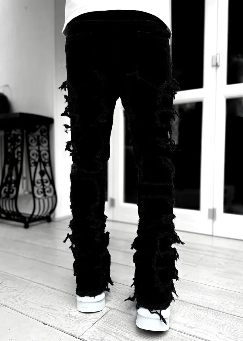 KELYWELL Y2K Patchwork Stacked Jeans for Men Stretch Fit Skinny Stacked Ripped Destroyed Jeans Slim Fit Patch Denim Pant