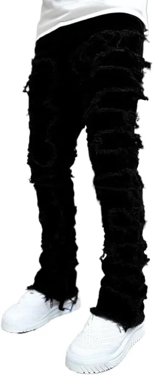 KELYWELL Y2K Patchwork Stacked Jeans for Men Stretch Fit Skinny Stacked Ripped Destroyed Jeans Slim Fit Patch Denim Pant
