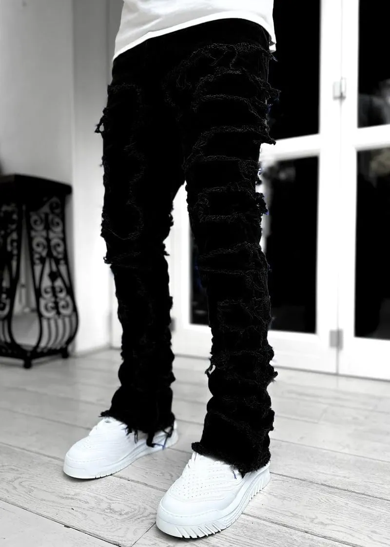 KELYWELL Y2K Patchwork Stacked Jeans for Men Stretch Fit Skinny Stacked Ripped Destroyed Jeans Slim Fit Patch Denim Pant