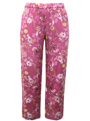 Ladies Pink Floral Print Wide Leg Elasticated Waist Cropped Trousers