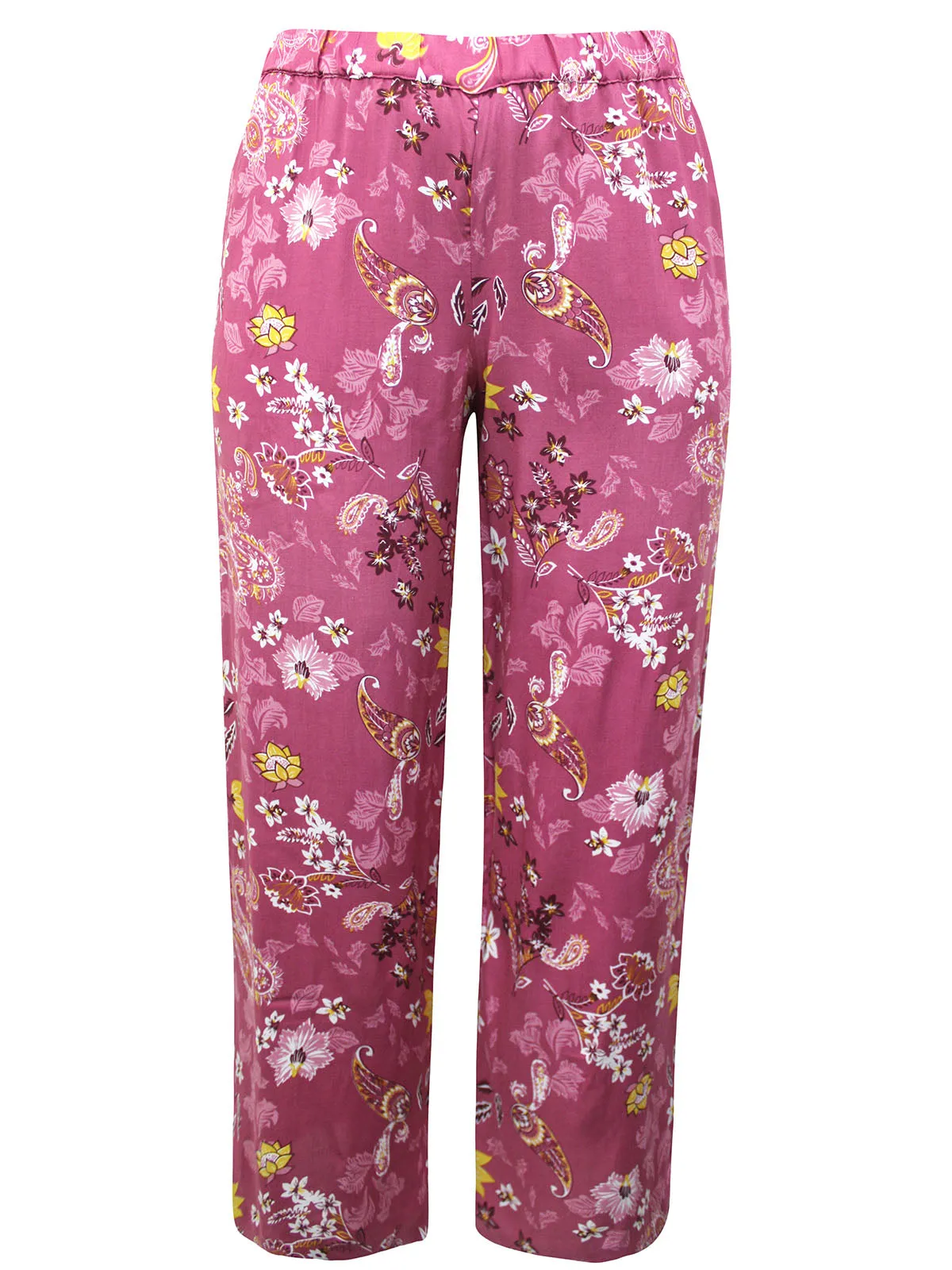 Ladies Pink Floral Print Wide Leg Elasticated Waist Cropped Trousers