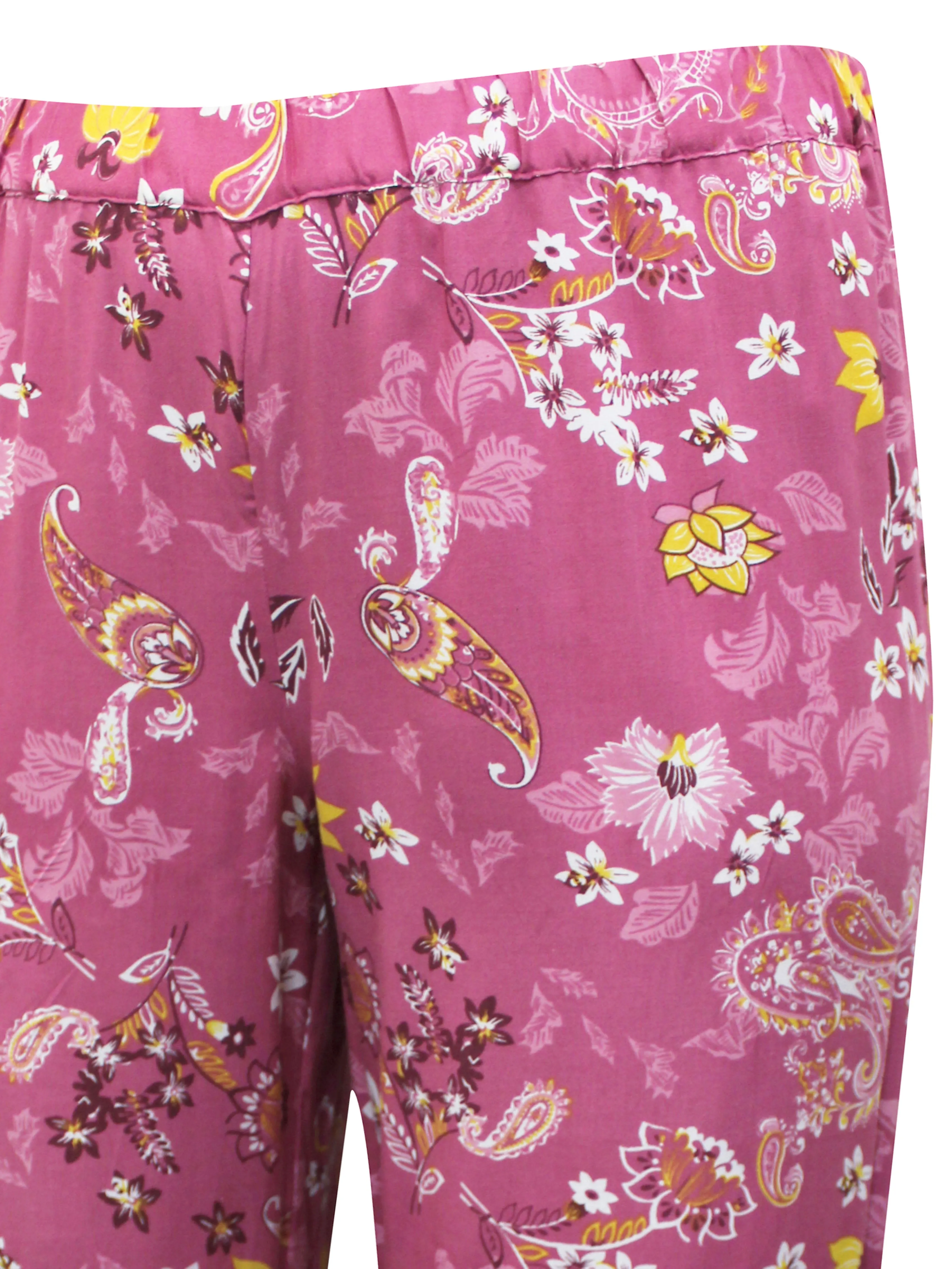 Ladies Pink Floral Print Wide Leg Elasticated Waist Cropped Trousers