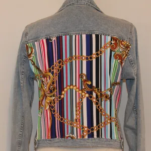 Light Blue Denim Jacket with Rainbow Scarf