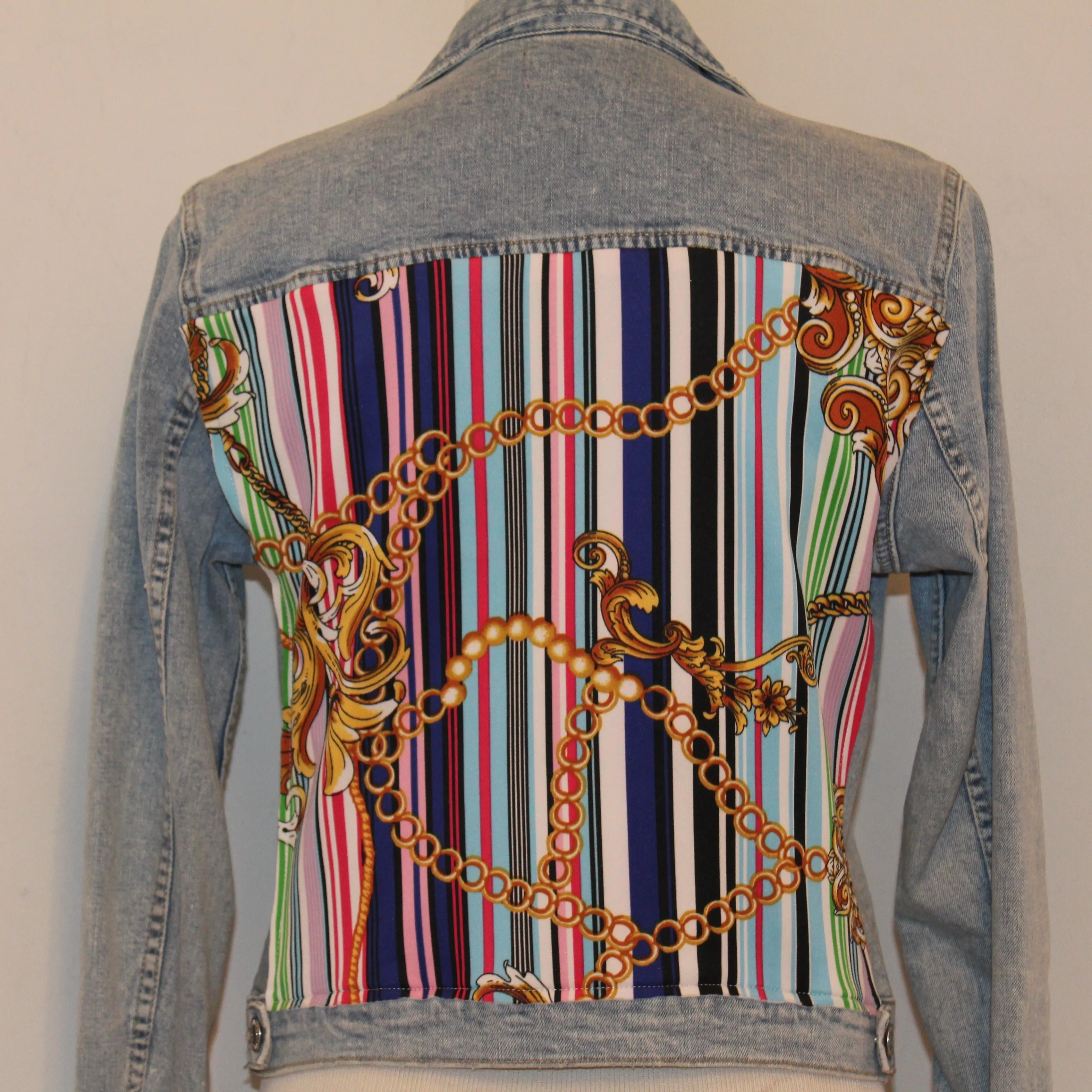 Light Blue Denim Jacket with Rainbow Scarf