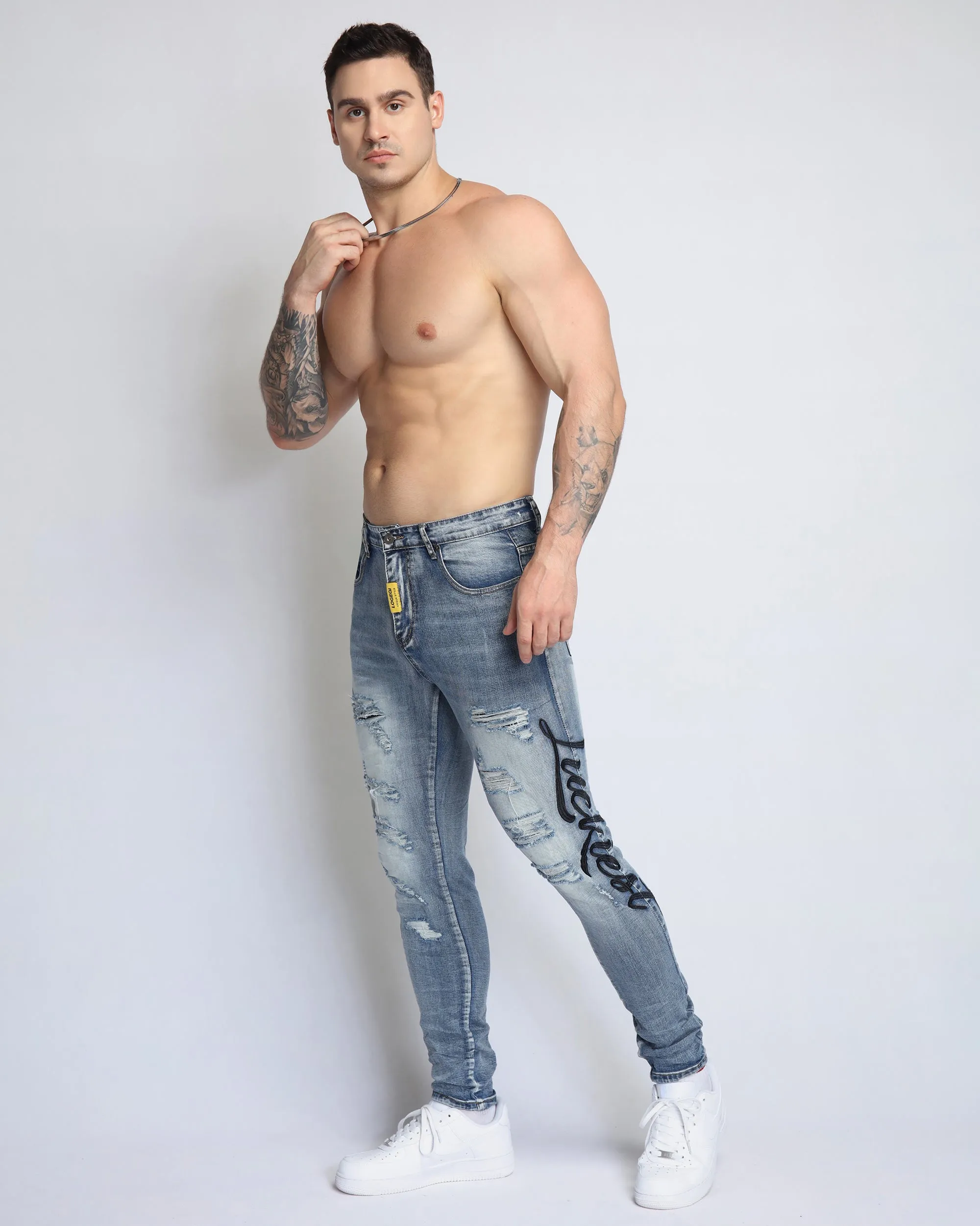 Light Wash Blue Ripped Jeans with Big Letters Embroidered-Mexico Local Delivery
