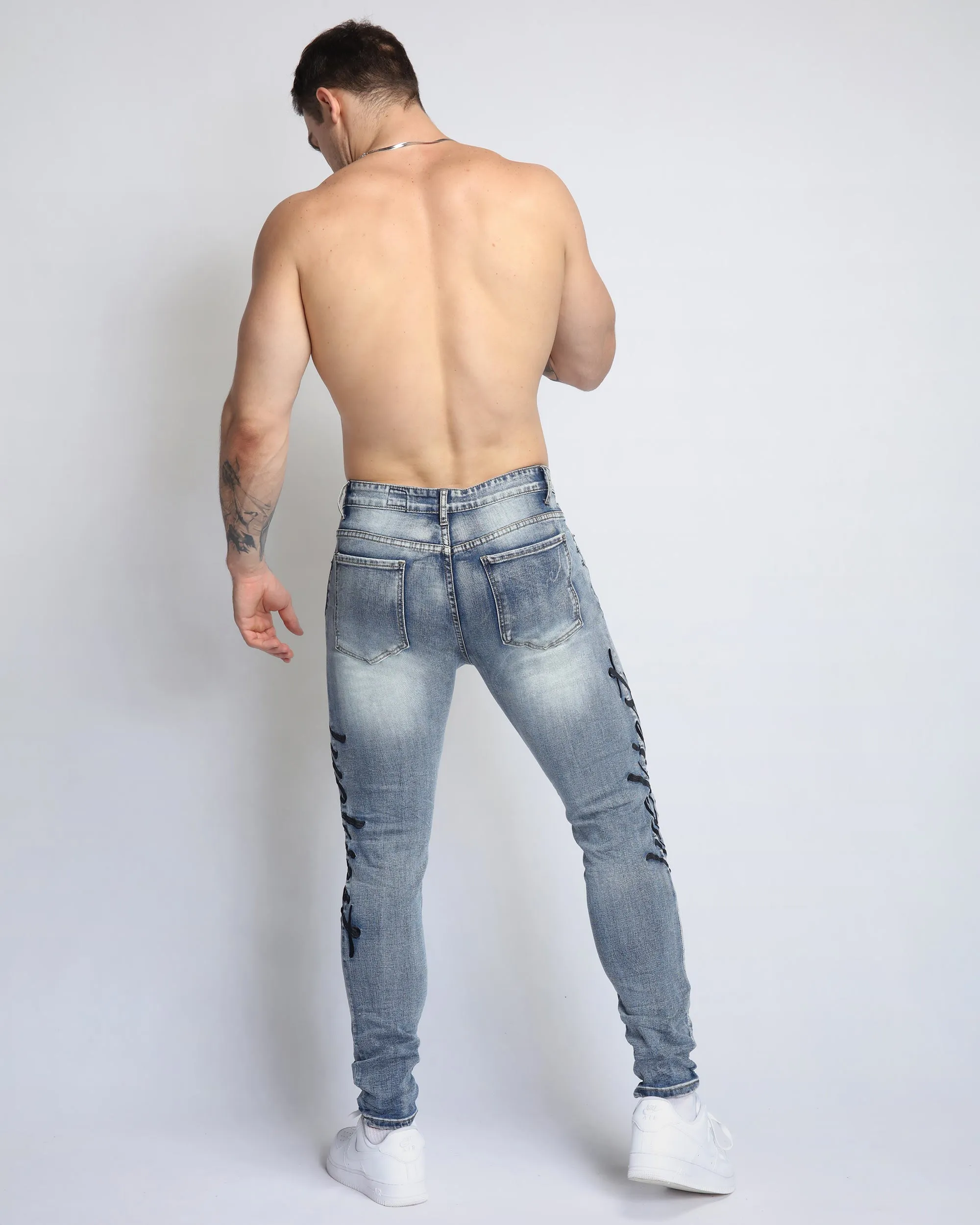 Light Wash Blue Ripped Jeans with Big Letters Embroidered-Mexico Local Delivery