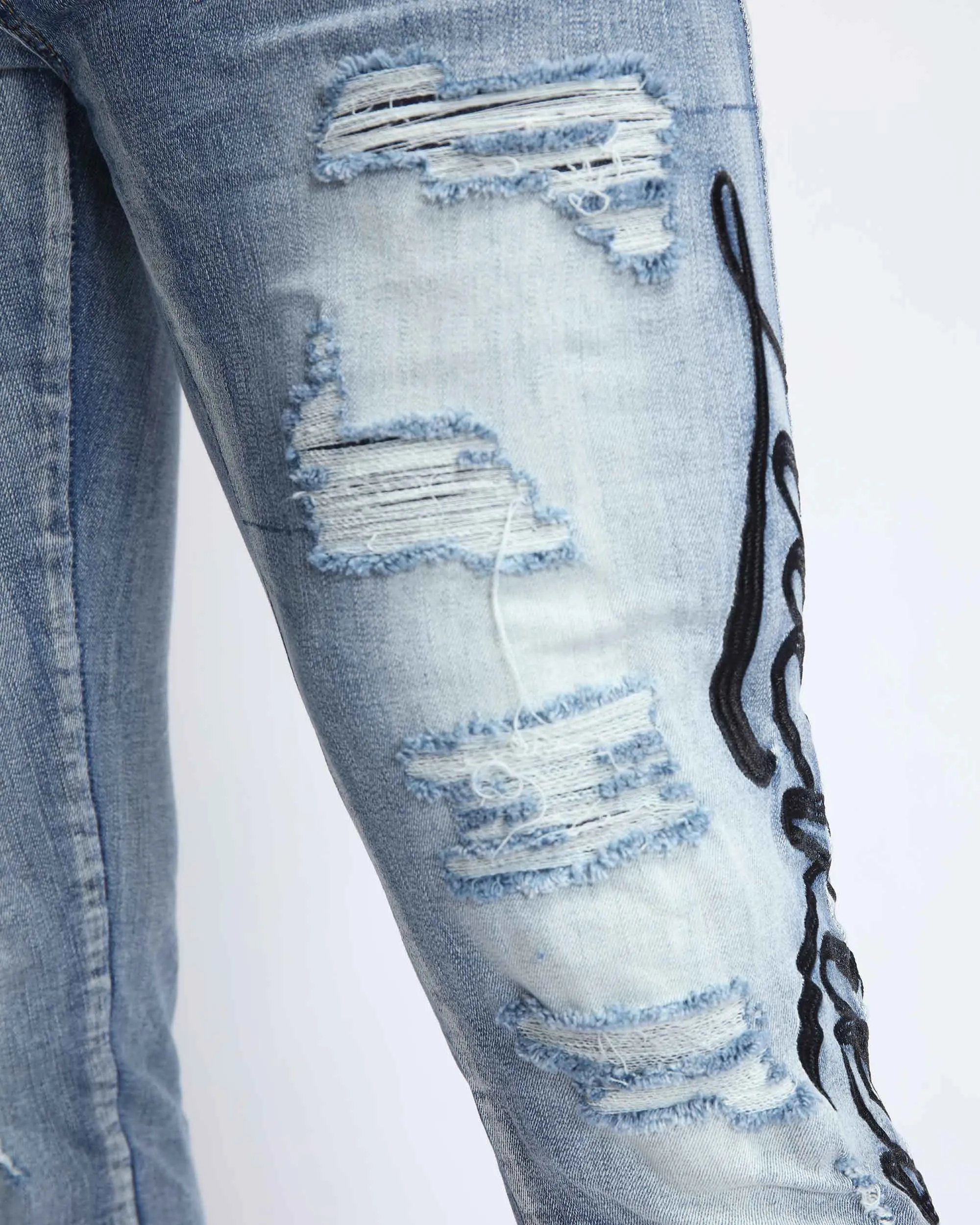 Light Wash Blue Ripped Jeans with Big Letters Embroidered-Mexico Local Delivery